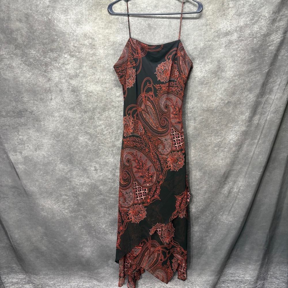 Eva Blue Vintage Y2K Paisley Maxi Slip Dress Black Red Asymmetrical Hem Size 12